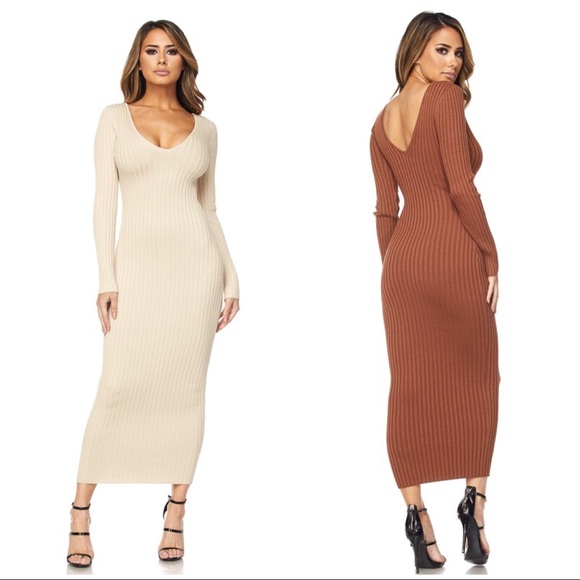 Off Shoulder Ribbed Knit Long Sleeve Sweater Dress - Picture 2 of 3